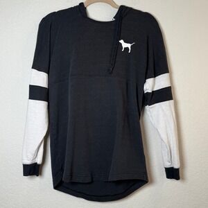 PINK Y2K Victoria's‎ Secret Hoodie Black White Sleeve Stripe Dog Logo Pullover